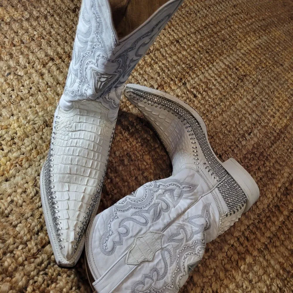 White Diamonds Crocodile Skin Leather Western Cowboy Boots White Bling 8.5 Men's